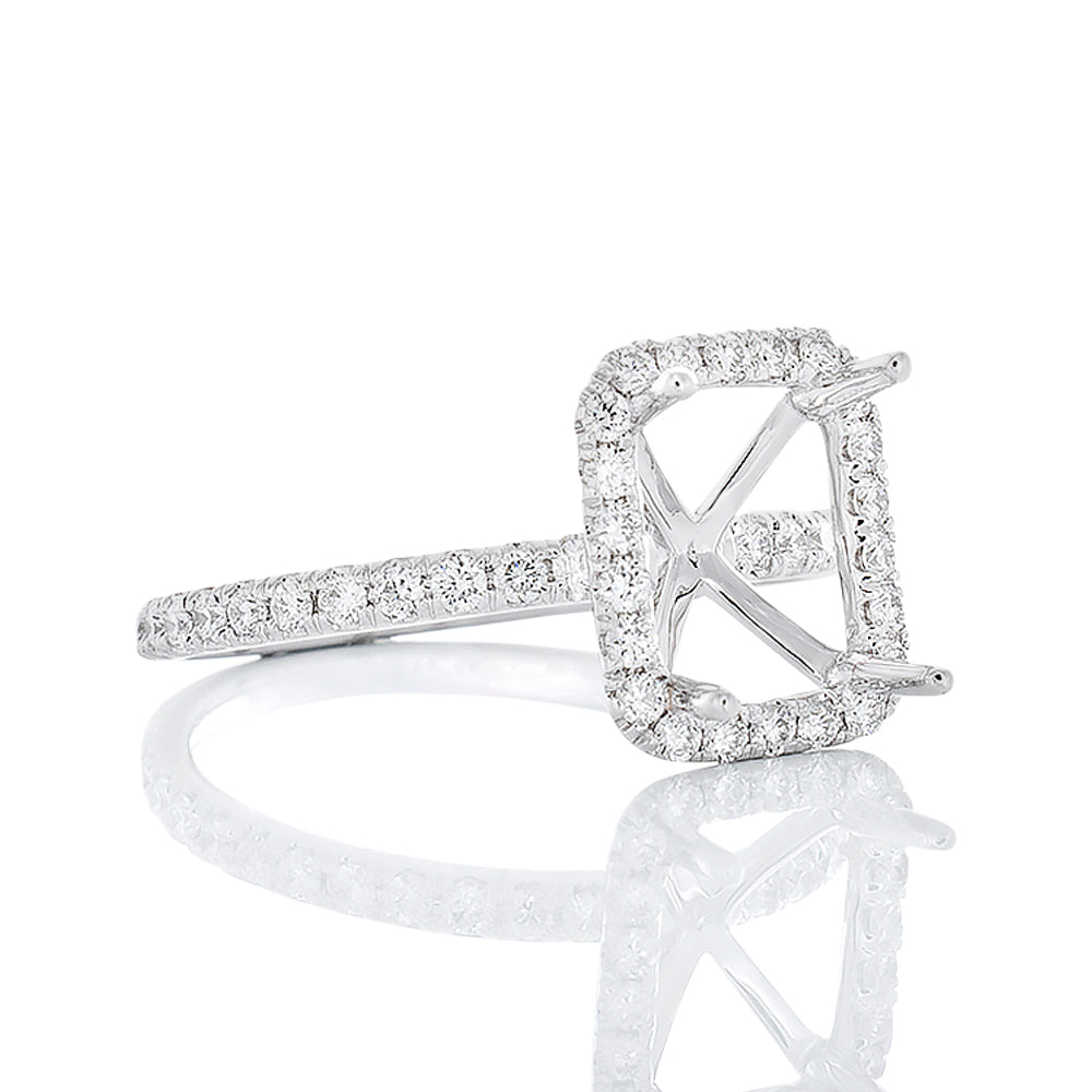 RING GW 18K 0.50CTW RADIANT CUT CORNER DIAMOND HALO WITH DAINTY SHARED PRONG SHOULDERS