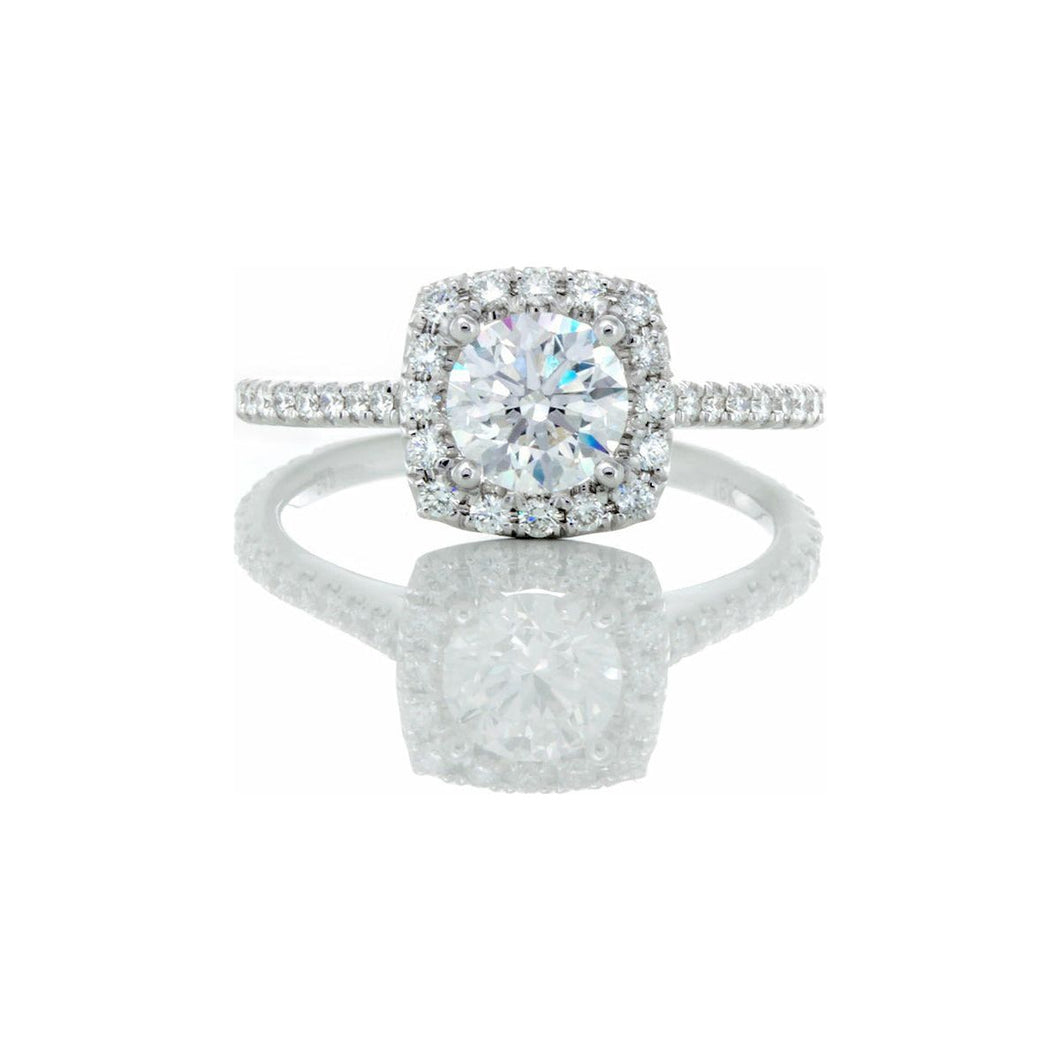1.41ctw Round Diamond Solitaire with Diamond Pave Cushion Halo & Shoulders 18k White Gold