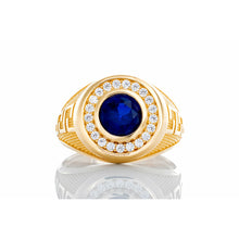 Load image into Gallery viewer, Round Synthetic Blue Sapphire with CZ Halo &amp; Rounded Greek Key Shoulders 10k Gold
