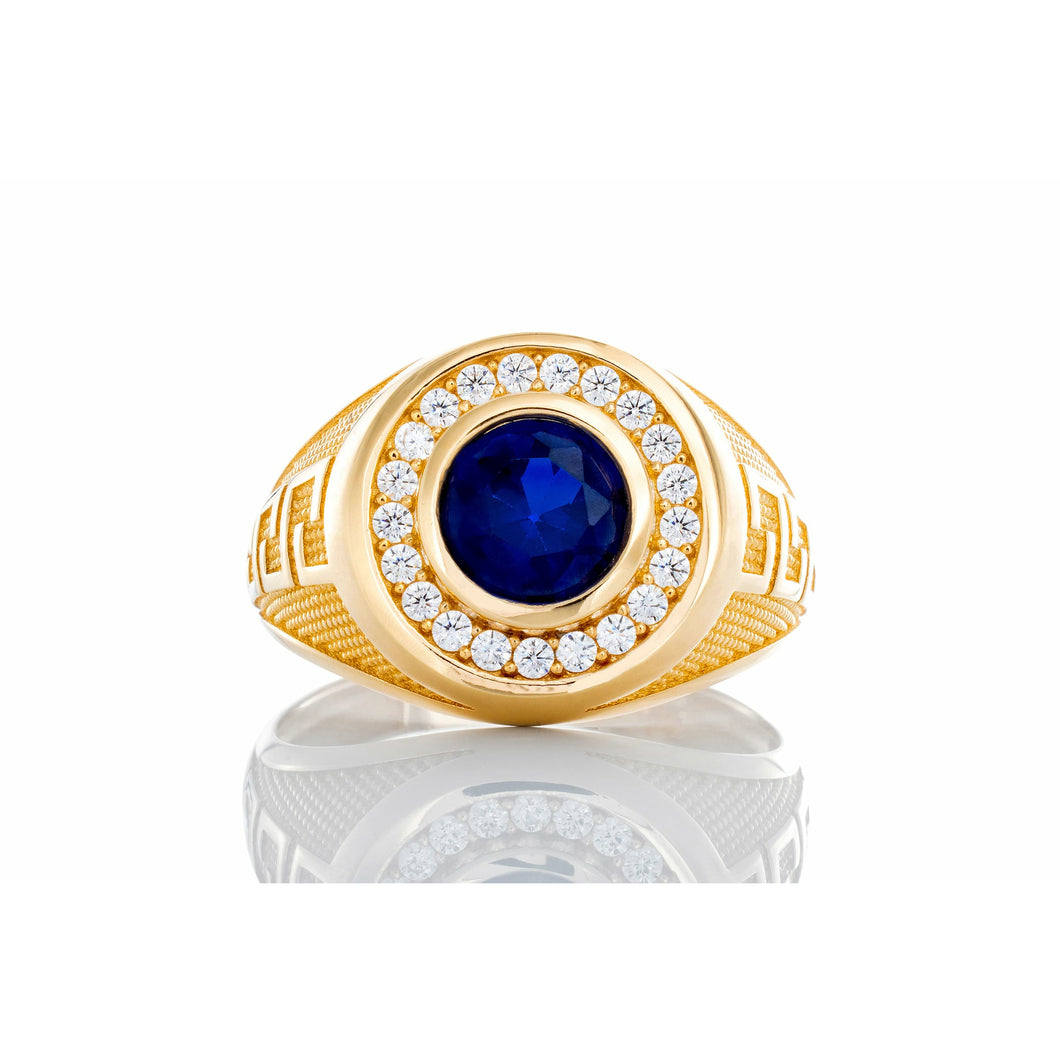 Round Synthetic Blue Sapphire with CZ Halo & Rounded Greek Key Shoulders 10k Gold