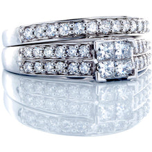 Load image into Gallery viewer, 0.80ctw Princess Quad Center Two Row Pave Shoulders &amp; Matching Wedding Band 14k White Gold

