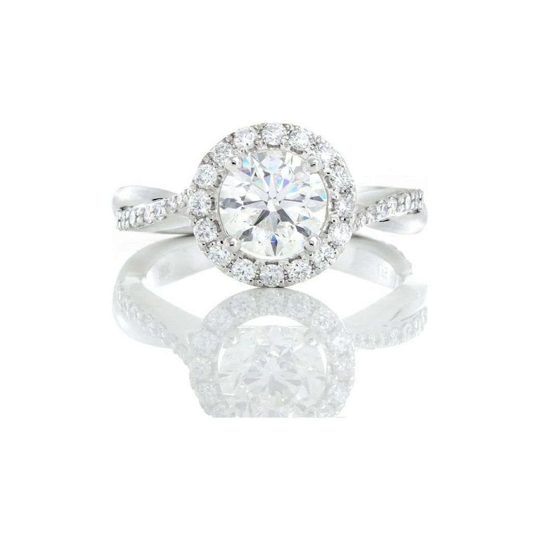 1.43ctw Round Brilliant Solitaire with Halo, High Polished & Diamond Pave Infinity Shoulders 18k White Gold