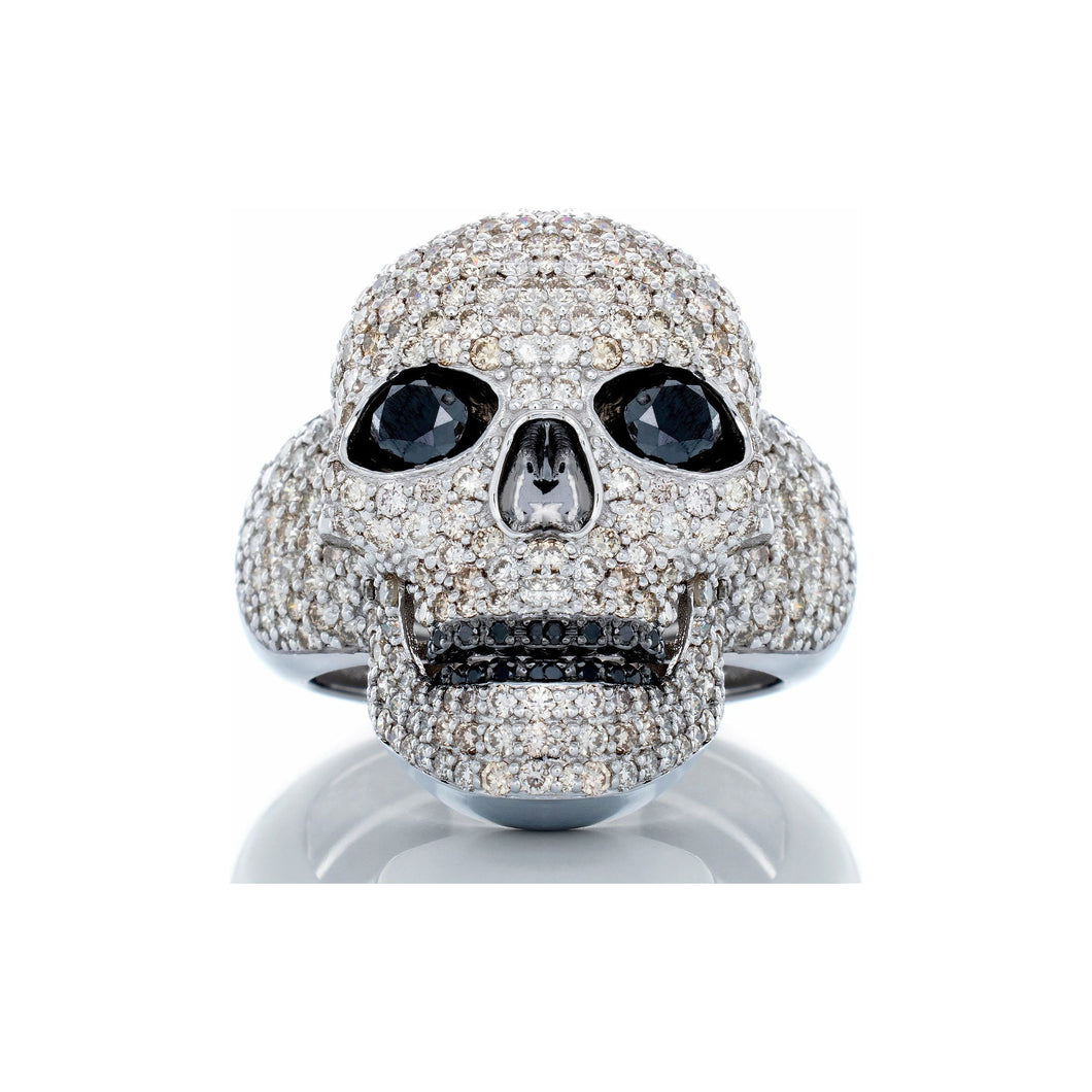 3.15ctw Full Diamond Pave Skull With Black Diamond Eyes & Mouth 10kt White Gold