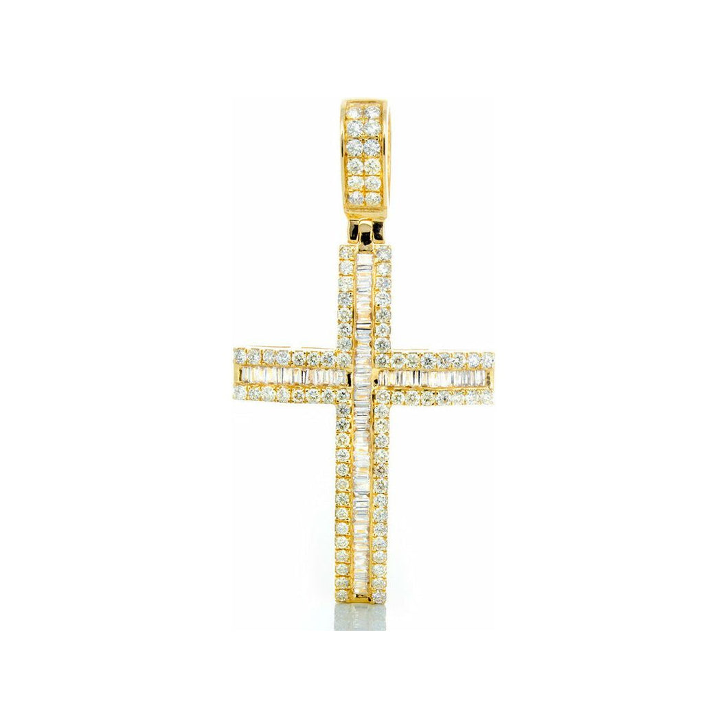 1.50ctw Baguette Center Cross with Round Diamond Prong Ser Edges 14k Gold