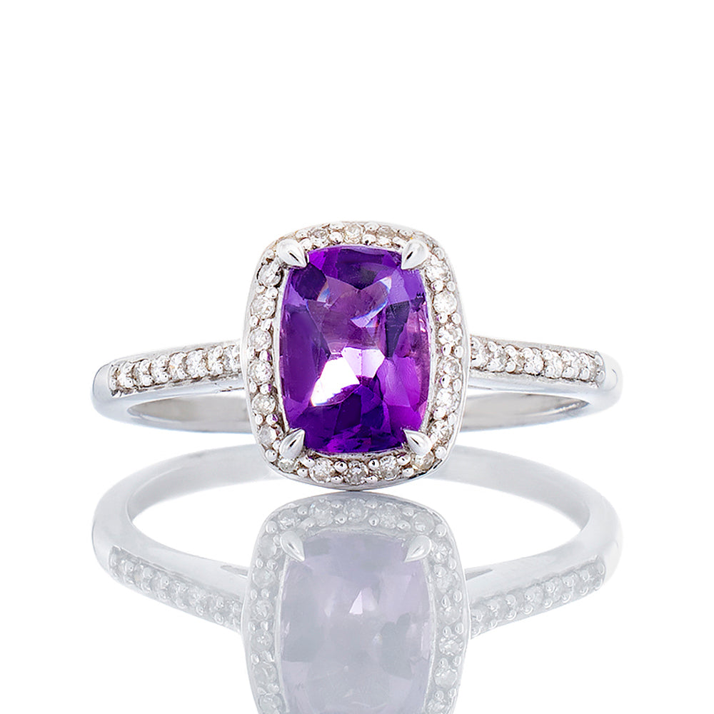 Elongated Cushion Cut Amethyst With Diamond Halo & Shoulders