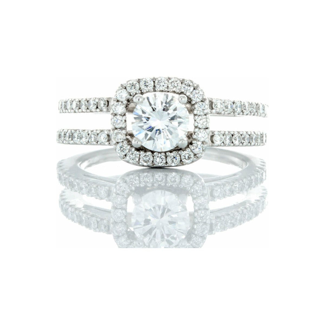 1.00ctw Round Solitaire with Cushion Halo Two Row Open Split Pave Shoulders 14k White Gold