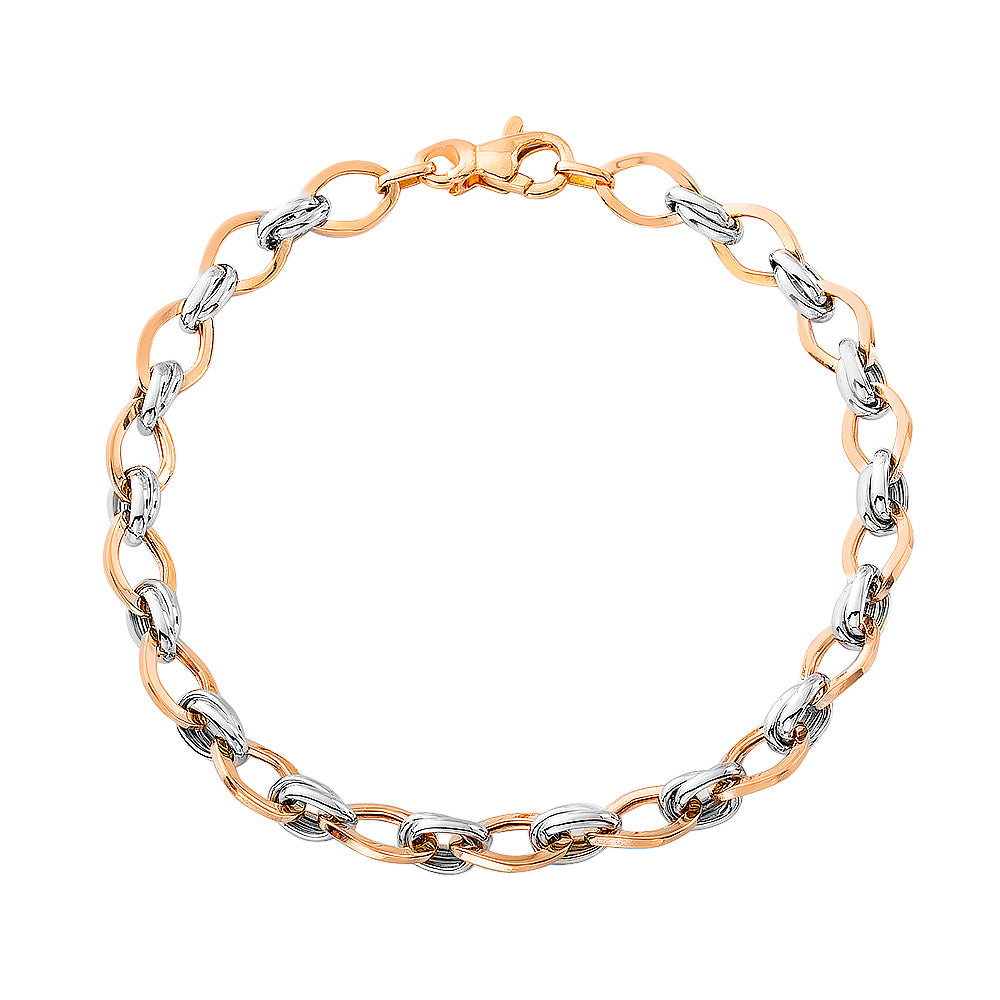 Two Tone Alternating Oval with Double Rolo Links Bracelet 10k Gold