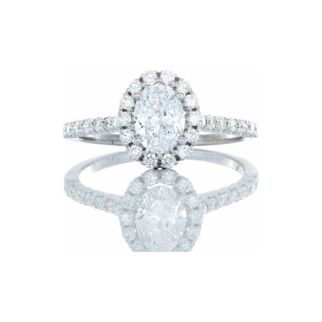 GIA 0.93ctw Oval Solitaire with Diamond Pave Halo & Upswept Shoulders 18kt White Gold