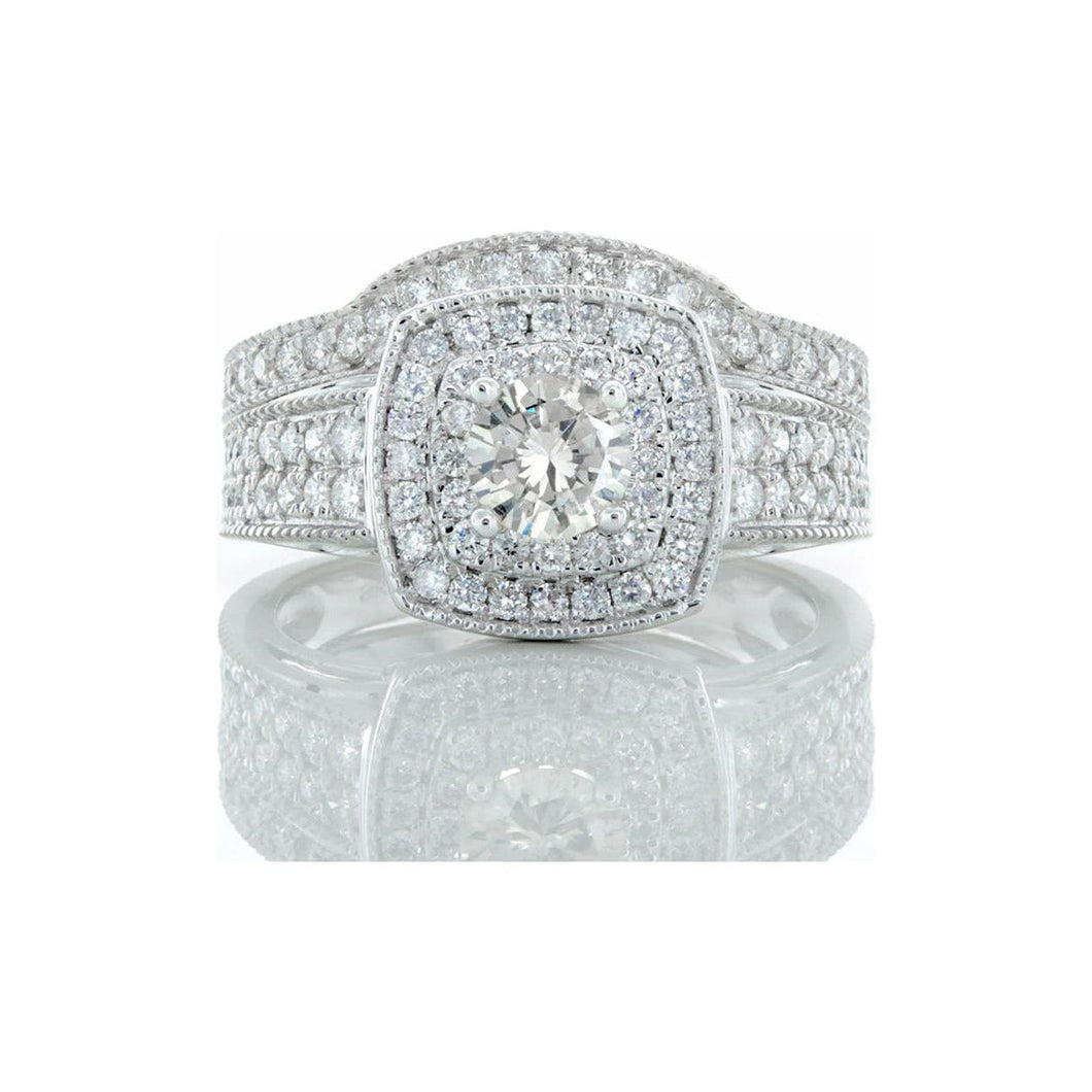 1.63ctw Round Solitaire Double Cushion Halo with Contouring Wedding Band & Beaded Accents 14kt White Gold
