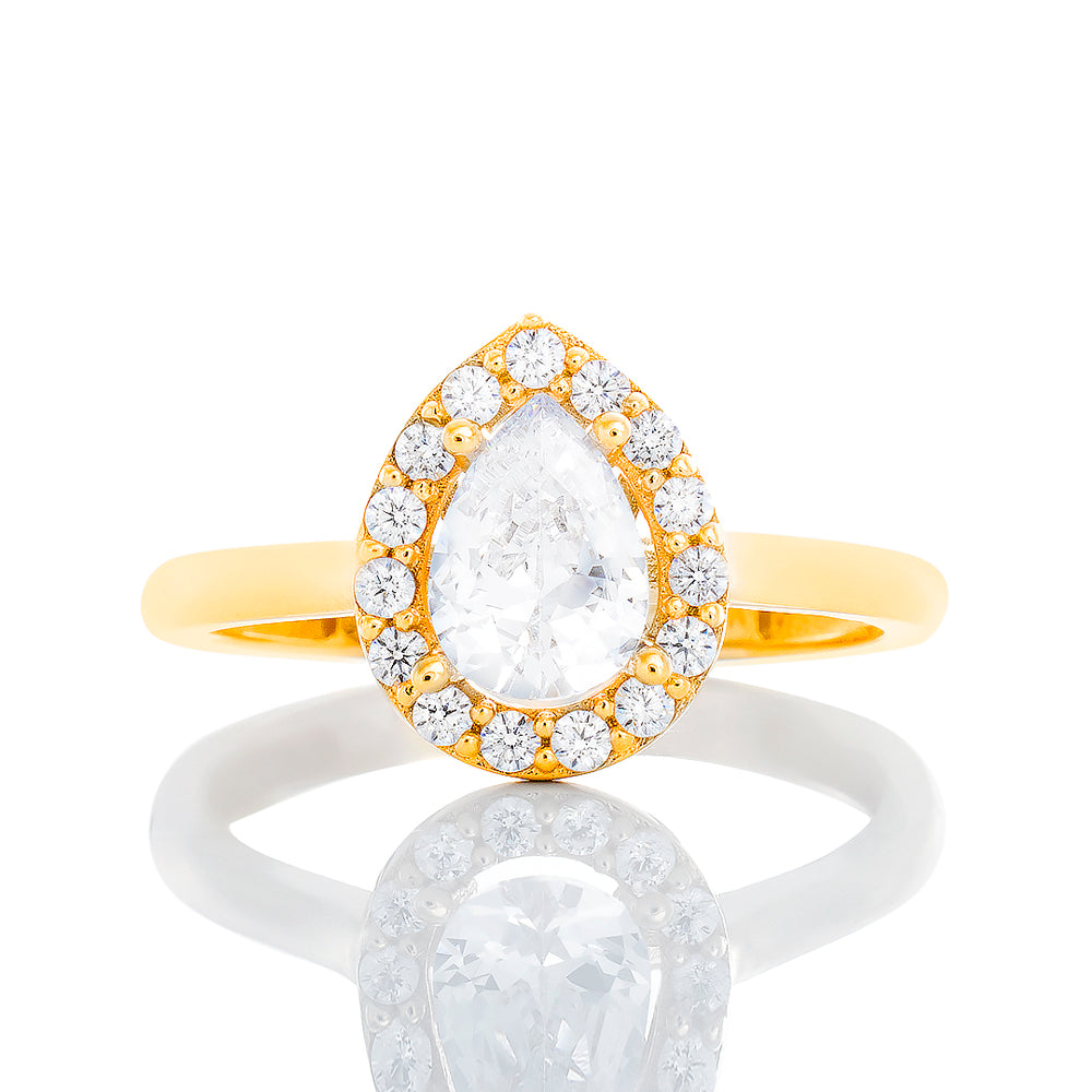 Pear Solitaire With Halo CZ Ring