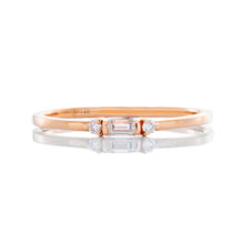 Load image into Gallery viewer, 0.09ctw Vertical Set Diamond Baguette Center accented with Two Round Diamonds on Sides 14k Rose Gold
