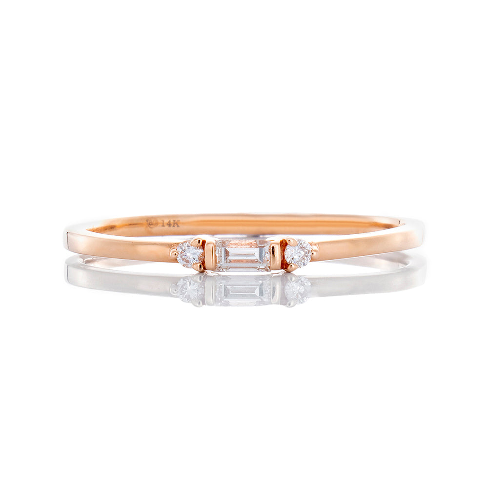0.09ctw Vertical Set Diamond Baguette Center accented with Two Round Diamonds on Sides 14k Rose Gold