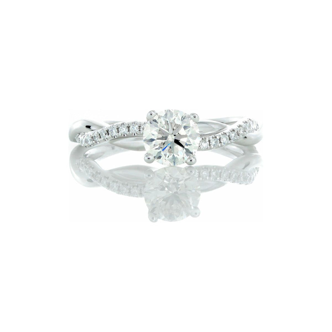 GIA 0.92ctw Round Canadian Diamond Solitaire with Diamond Pave & High Polished Wave Design Shoulders 18kt White Gold