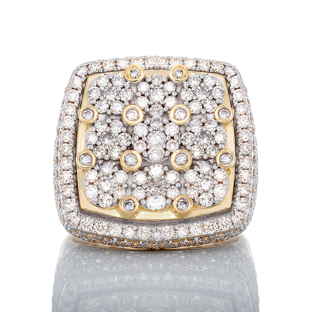 4.60ctw Large Cushion Cluster Forefront Raised Diamond Bezel Accents, Full Diamond Pave Sides 10k Gold