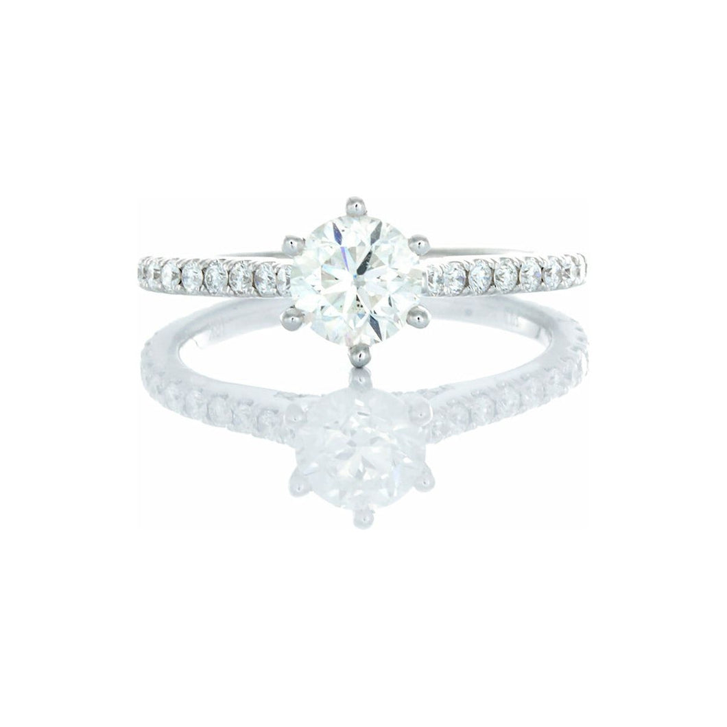1.11ctw Six Prong Set Round Brilliant Cut Solitaire with Upswept Diamond Pave Shoulders 18kt White Gold