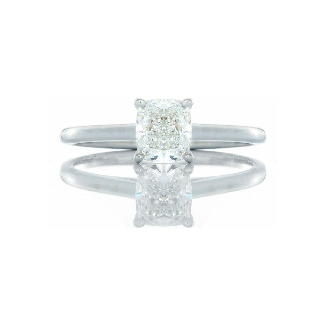 GIA 0.90ct Elongated Cushion Cut Diamond Solitaire with High Polished Rounded Tiffany Shoulders 18kt White Gold