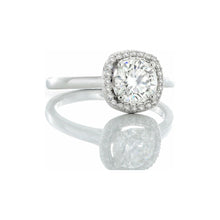 Load image into Gallery viewer, 0.85ctw Round Solitaire with Cushion Halo &amp; High Polished Shoulders 18k White Gold

