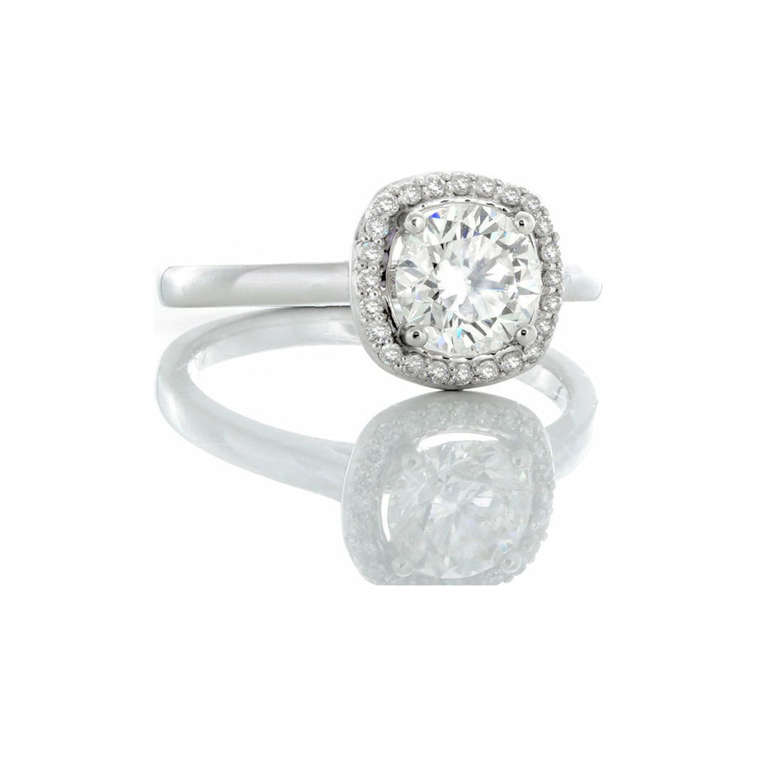 0.85ctw Round Solitaire with Cushion Halo & High Polished Shoulders 18k White Gold
