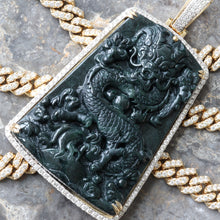 Load image into Gallery viewer, 2.82ctw XL Dark Green Natural Jade Chinese Dragon with Diamond Frame 10k Gold

