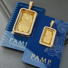 Load image into Gallery viewer, Solid 24kt 5 Gram Pamp Suisse Gold Bar with 1.00ctw Diamond Frame 14k Gold
