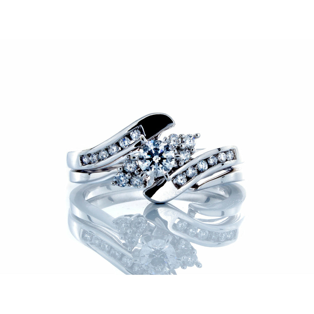 0.50ctw Diamond Solitaire with Interlocking Wedding Band Complete Bridal Set 14k White Gold