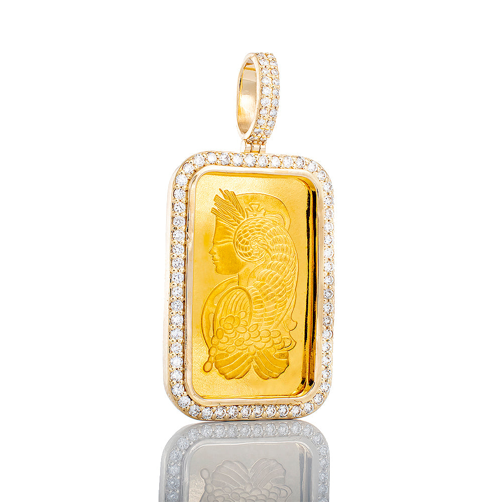 10 Gram Solid 24k Lady Fortuna Gold Bar Pendant with 0.75ctw Diamond Frame 14k / 24k Gold