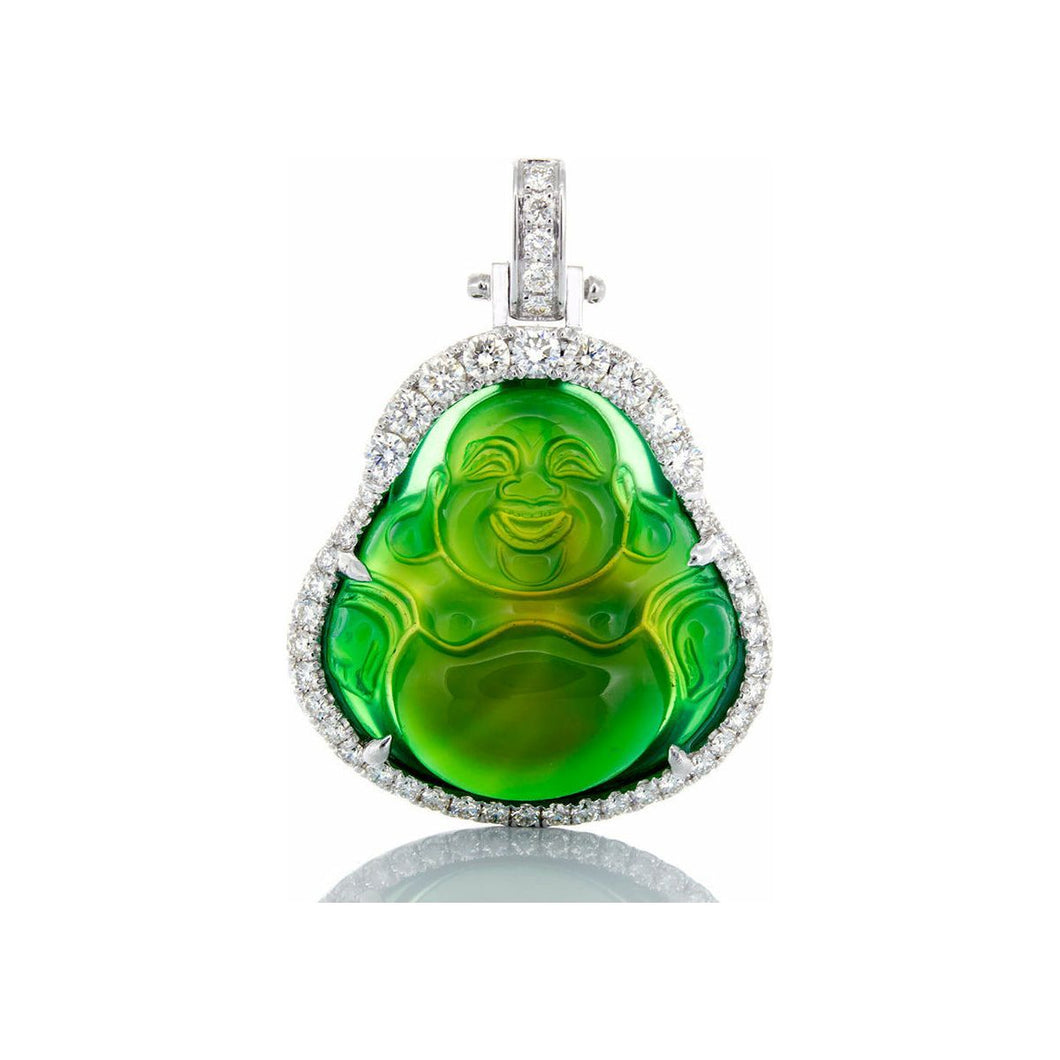 1.56ctw Treated Green Jade Buddha with Two Tiered Diamond Frame 10k White Gold