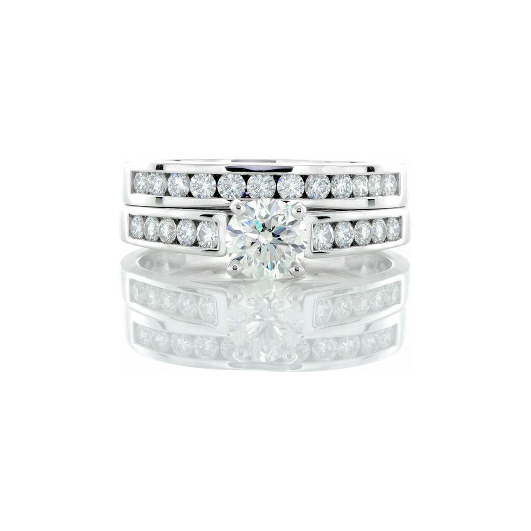 1.27ctw Raised Round Diamond Solitaire with Channel Set Diamond Shoulders & Wedding Band 14k White Gold