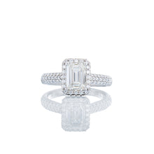 Load image into Gallery viewer, GIA 1.70ctw Emerald Cut Solitaire Diamond Dome Halo &amp; Three Row Dome Pave Shoulders 950 Platinum
