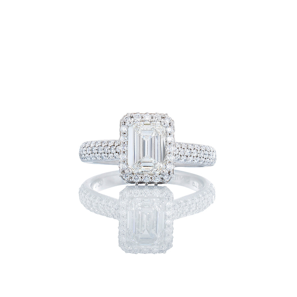 GIA 1.70ctw Emerald Cut Solitaire Diamond Dome Halo & Three Row Dome Pave Shoulders 950 Platinum