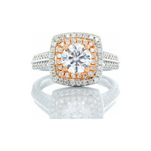 Load image into Gallery viewer, 1.50ctw Round Solitaire with Double Cushion Halo and Two Row Pave Shoulders 14kt White &amp; Rose Gold
