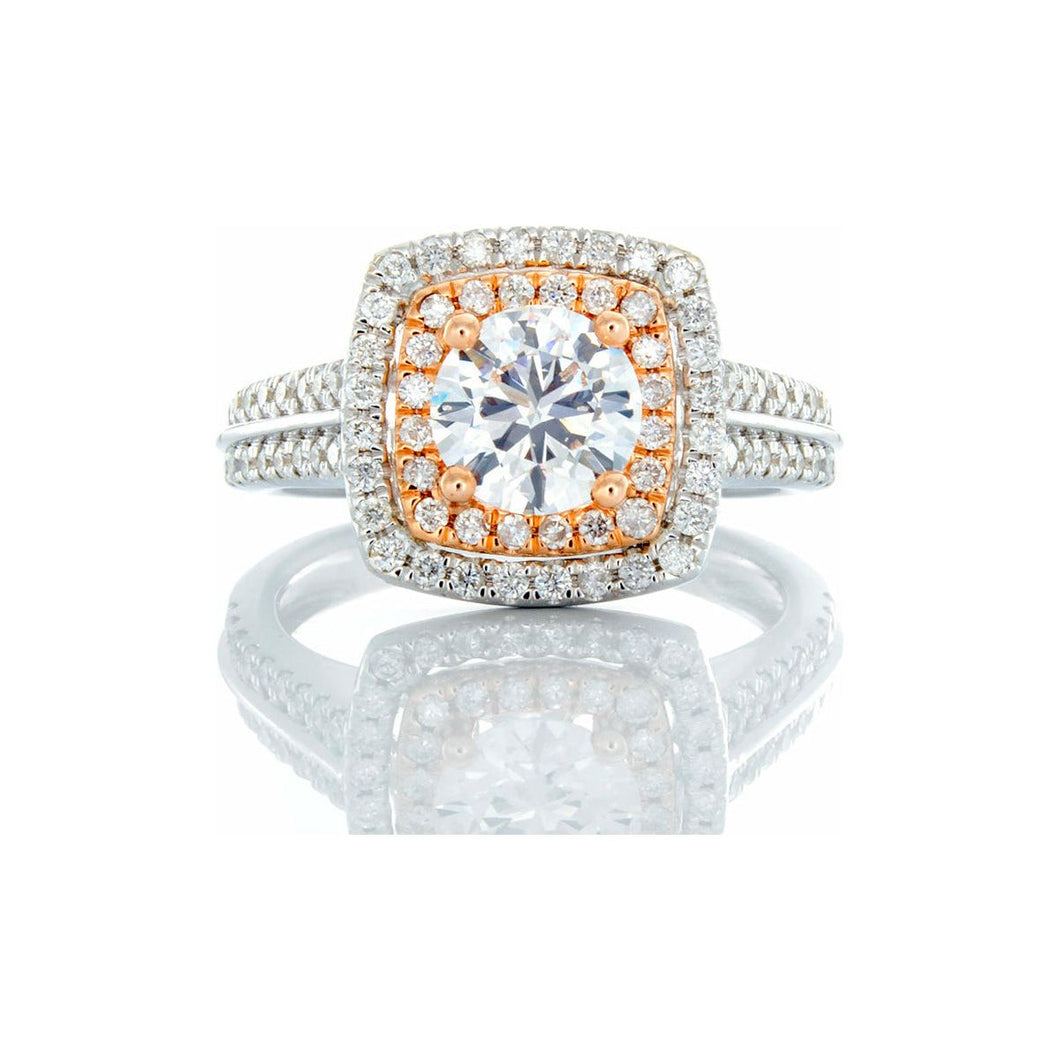 1.50ctw Round Solitaire with Double Cushion Halo and Two Row Pave Shoulders 14kt White & Rose Gold