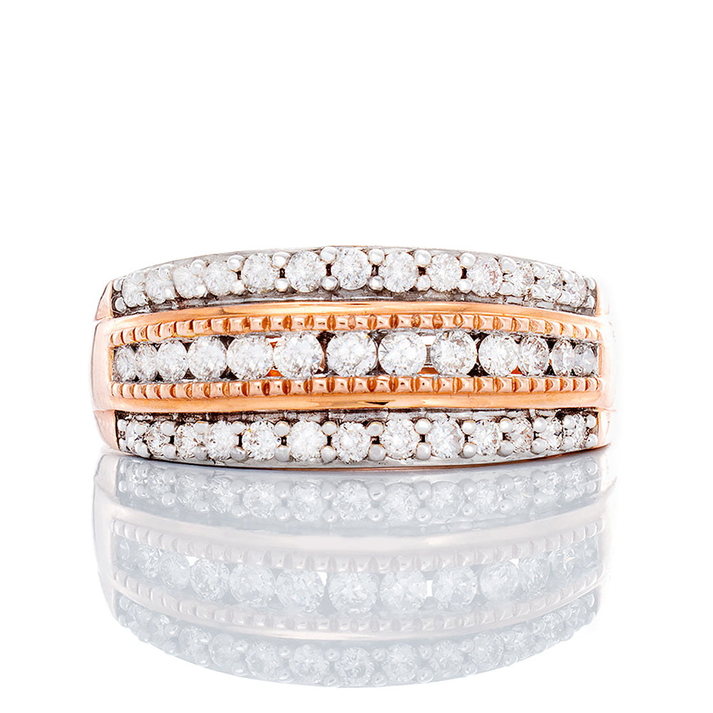 0.50ctw Three Row Diamond Band with Beaded Edge Accents 10k Rose Gold