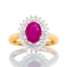 Load image into Gallery viewer, Oval Cut Ruby with Round &amp; Baguette Two Tiered Halo
