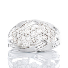 Load image into Gallery viewer, 1.00ctw Diamond Flower Past Present Future Ring with Baguette Accents 10k White Gold
