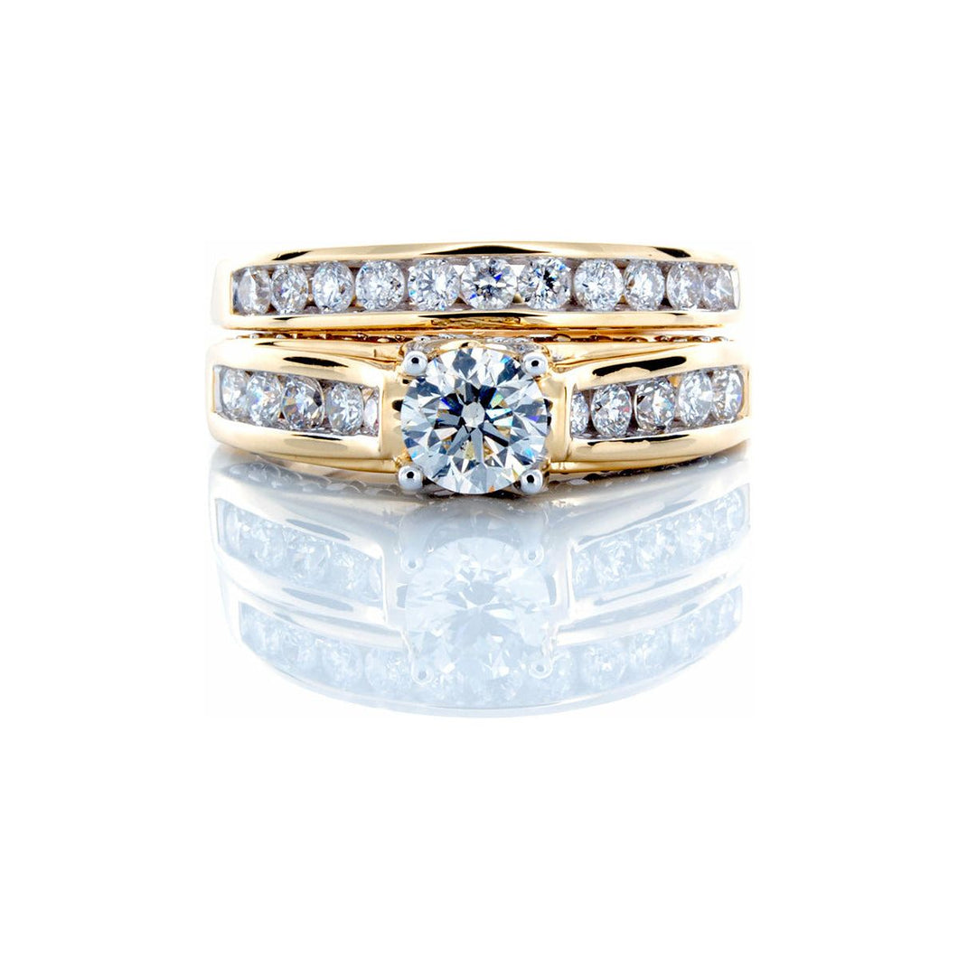 1.50ctw Diamond Solitaire Bridal Set with Channel Set Shoulders & Matching Wedding Band 14k Gold