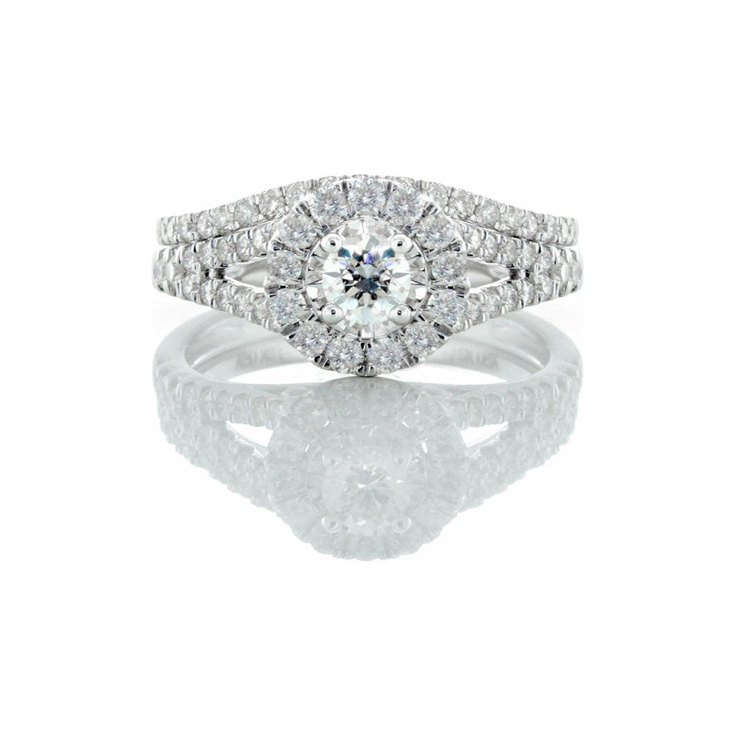 0.80ctw Round Illusion Solitaire Center with Diamond Halo Split Pave Shoulders with Matching Wedding Band 14k White Gold