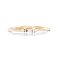 Load image into Gallery viewer, 0.09ctw Vertical Set Diamond Baguette Center accented with Two Round Diamonds on Sides 14k Gold

