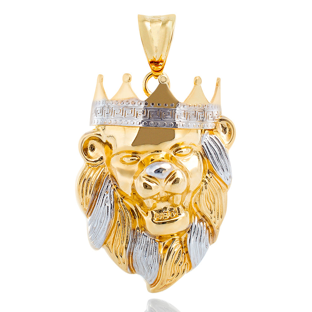 Roaring Lion Head with Greek Key Crown Two Tone Pendant