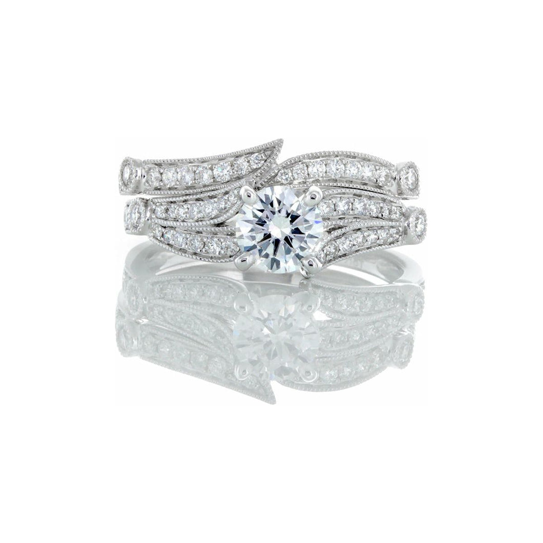 0.85ctw Diamond Solitaire with Floral Pave Inspired Bridal Set 18k White Gold