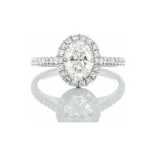 Load image into Gallery viewer, 1.08ctw Oval Solitaire with Diamond Pave Halo &amp; Upswept Shoulders 18k White Gold

