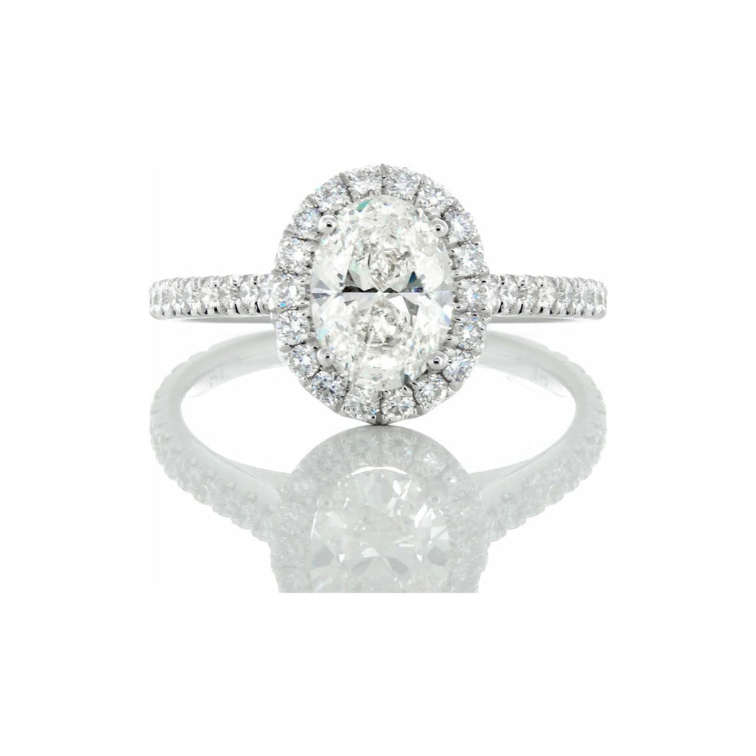 1.08ctw Oval Solitaire with Diamond Pave Halo & Upswept Shoulders 18k White Gold