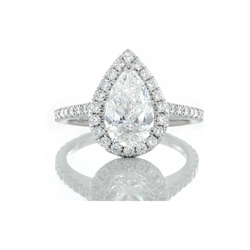 GIA 1.40ctw Pear Cut Solitaire with Pave Set Halo & Shoulders 18k White Gold