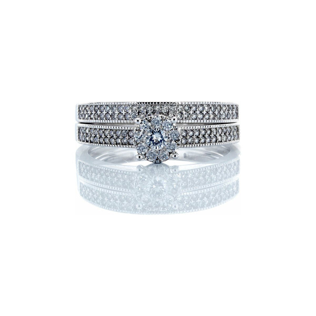 0.50ctw Round Imperial Cluster with Two Row Pave Shoulders & Band Bridal Set 14k White Gold
