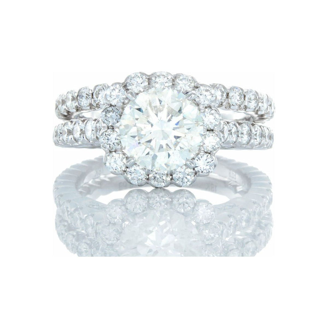 4.06ctw Round 2ct Solitaire with Bubble Halo, Graduated Diamond Shoulders & Matching Band 18k White Gold