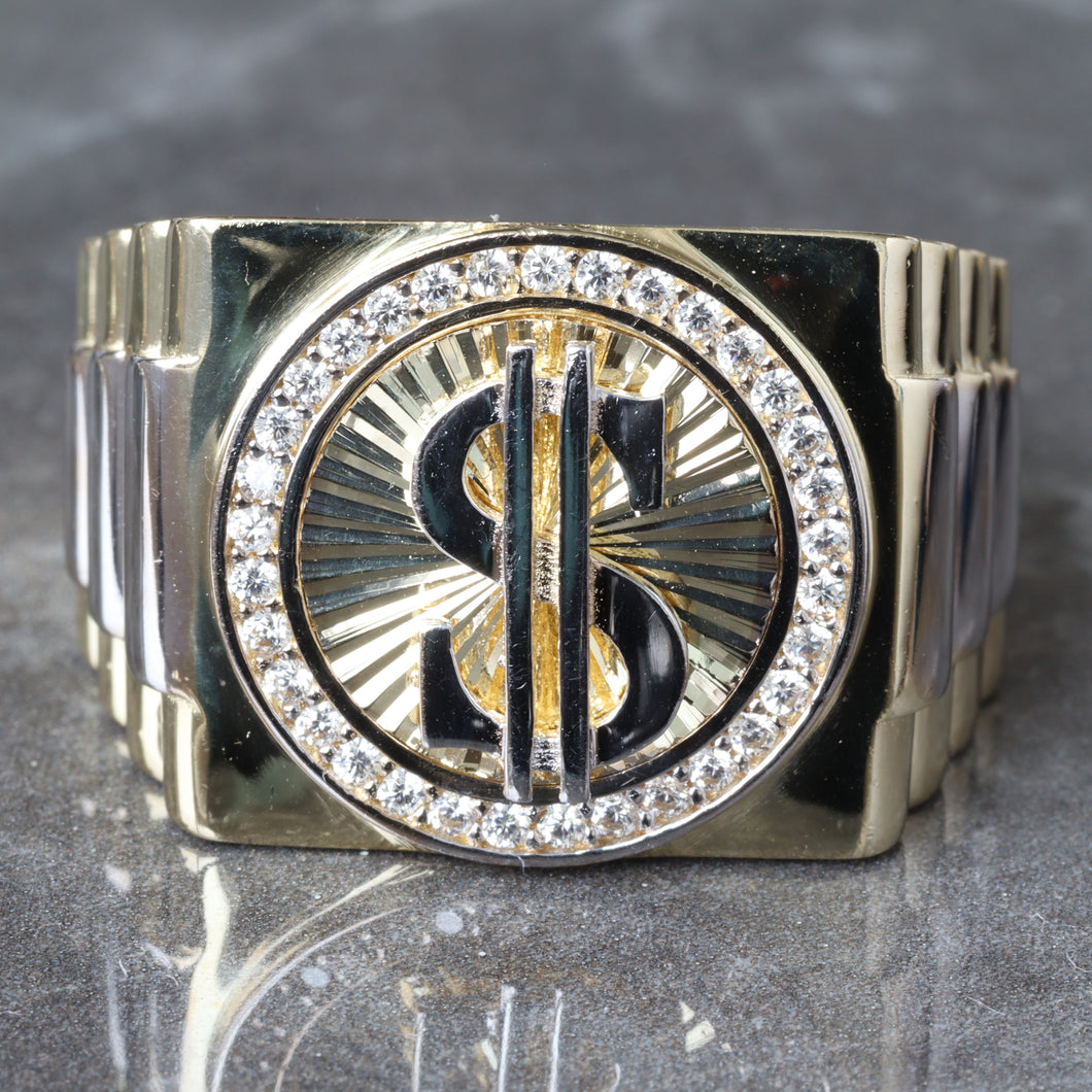 Two Tone Money Sign W/ Cubic Boarder Ring