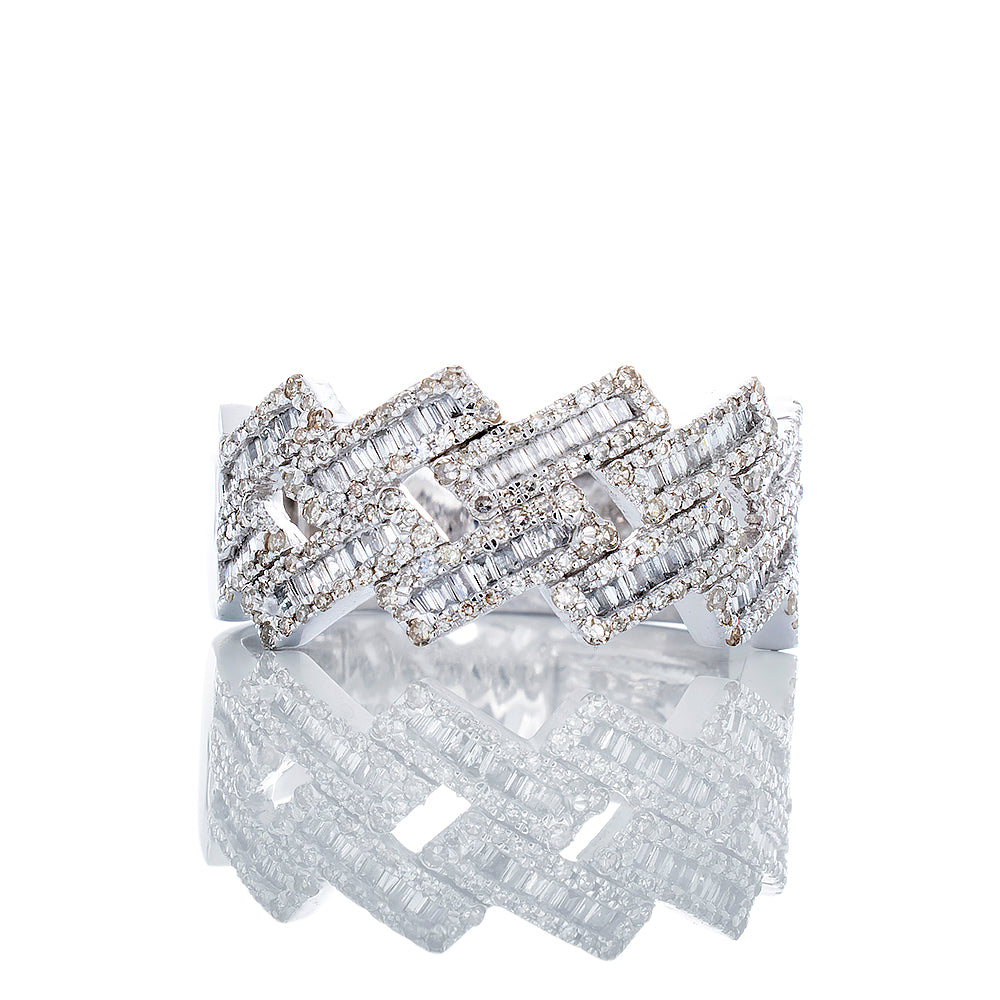 0.90ctw Square Cuban Link Ring with Baguette & Round Cut Diamonds