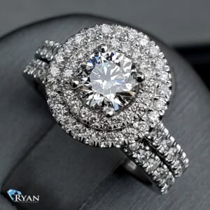1.50CTW Natural Round Solitaire Double Halo with Pave Set Shoulder Ring