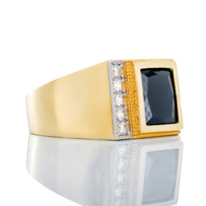 Rectangle Cut Black Onyx Beaded Accents Horizontal Set CZ Side Ring