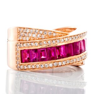1.20ctw Channel Set Emerald Cut Ruby Center with 0.50ctw Diamond Cross Over Design Band